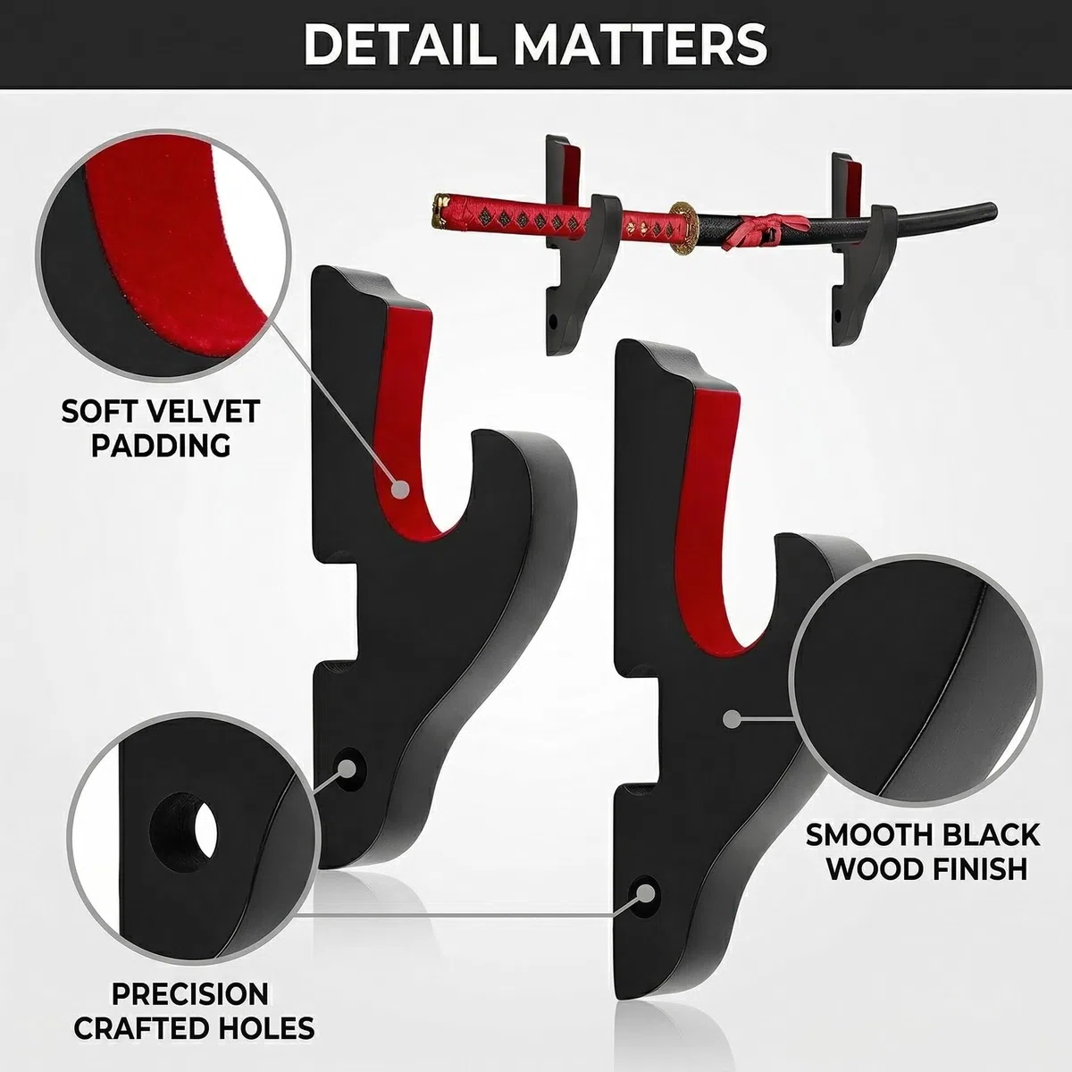 2pcs Supporti Da Parete Per Katana,Ganci Regolabili Con Imbottitura In Velluto,Porta Katana Spade In Legno Nero Per Katane,Wakizashi,Tanto,Sable Laser,Cosplay