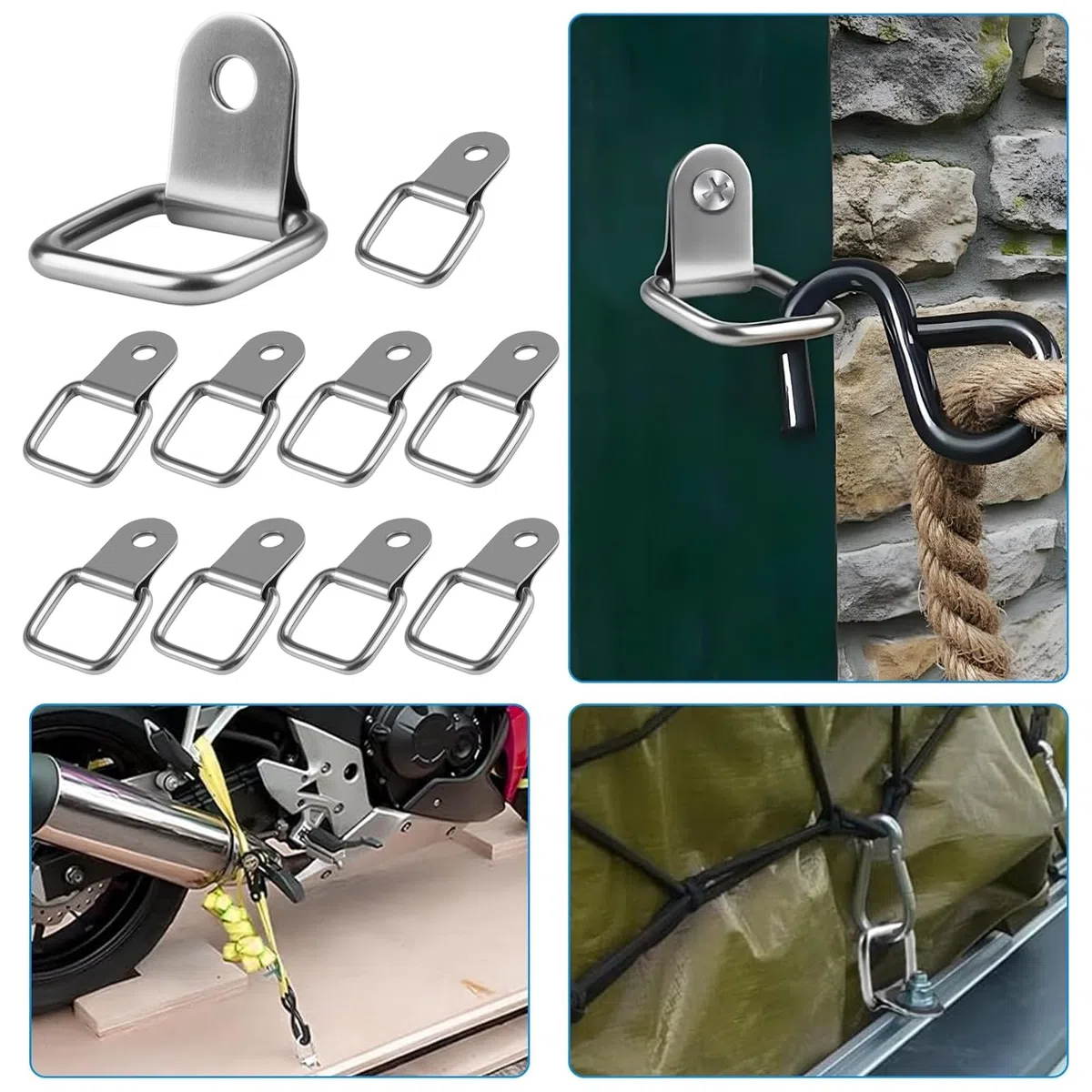 10 pezzi Anello a D in acciaio inox - Robuste anelli a D con alta capacità di carico fino a 200 kg per la sicurezza del carico su camion, auto, barche, yacht e tende per biciclette, decorazione murale