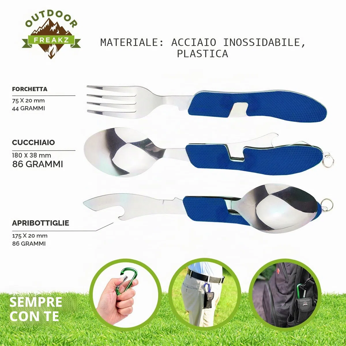 OUTDOOR FREAKZ Posate in Acciaio Inossidabile da Campeggio Pieghevole con Custodia in Neoprene.