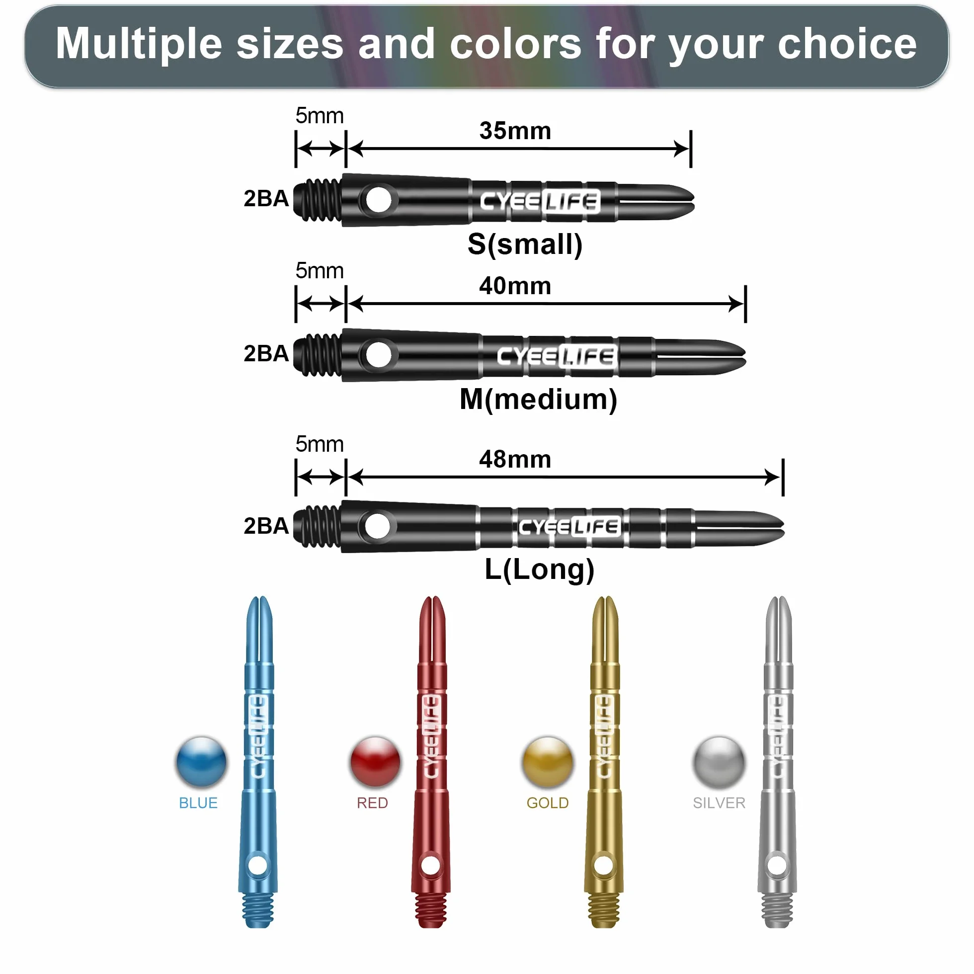 CyeeLife 35/40/48mm Alberi di Freccette in Alluminio,15 Pezzi,con 20 Anelli in Gomma a O da,5 Colori,2BA Dart Shafts(S/M/L)