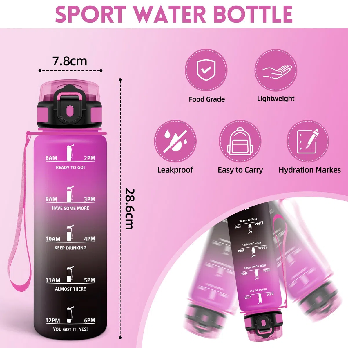 Motswedi Borraccia 1 Litro, Borraccia Palestra, a Prova di Perdite Bottiglia acqua, Include Spugna di Pulizia, Motivazionale Bottiglia Plastica 1l, per Palestra, Escursionismo, Ciclismo, Viola & Nero