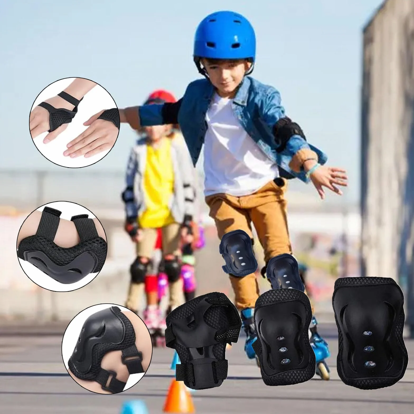 Protezione Kit per bambino, Protezioni Set Skate e Bicicletta Adatto dai 3 ai 12 Anni, per Skate, Bicicletta, Sci e Pattinaggio (Nero)