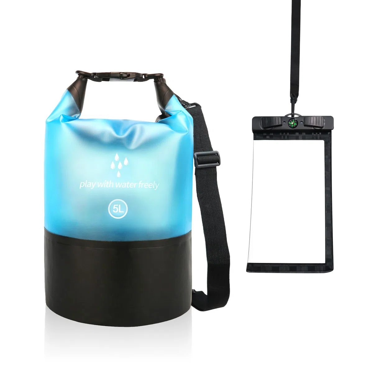 Dry Bag, Borsa Sacca Zaino Impermeabile Waterproof, chiusura a rotolo e tracolla, e custodia impermeabile per cellulare per Mare Barca Pesca Rafting Spiaggia Sport Acquatici (Blu, 5l)