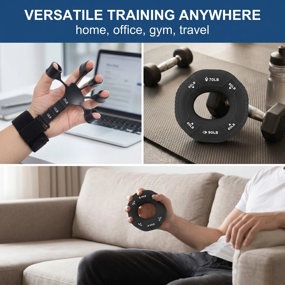 Set Allenamento Mano: Anello Grip + Strumento Allungamento Dita, Palle di esercizio della mano in Silicone, tiratore delle dita per Forza, Ripristino e Musica, con Fascia Regolabile