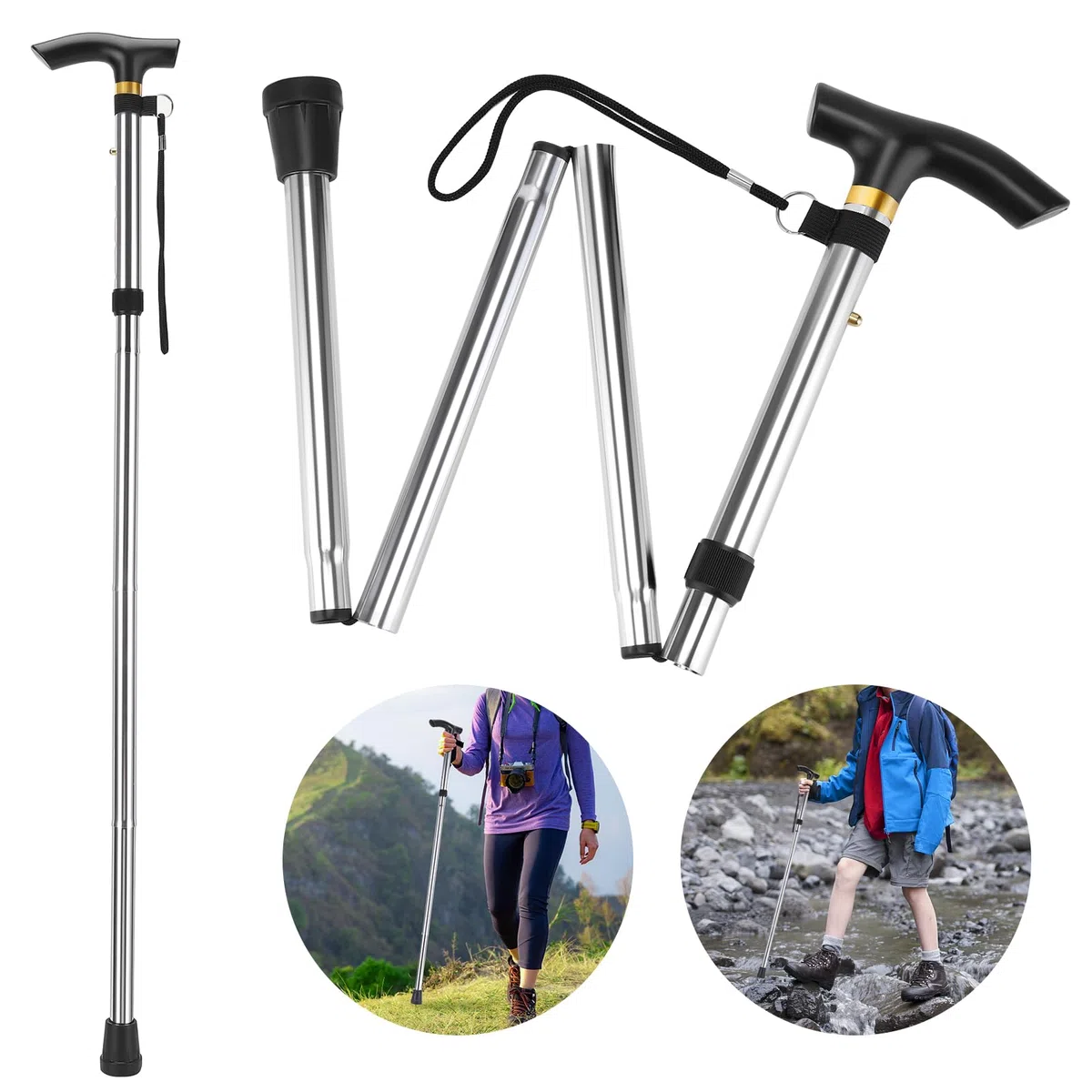 Thlevel Bastone da Passeggio Pieghevole in Alluminio Regolabile 84-93 cm Bastone per Anziani - Antiscivolo, Leggero, Portatore e Durevole - per Escursionismo, Camminata, Viaggio, Adulto…