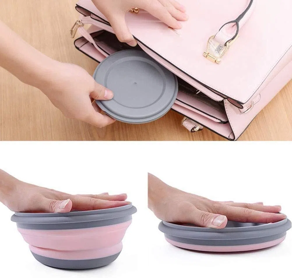 Set 3 Ciotola Pieghevole in Silicone Con Coperchio - Lunch Box Portatile per Picnic, Campeggio, All'aperto (300ml+600ml+900ml) (Verde)