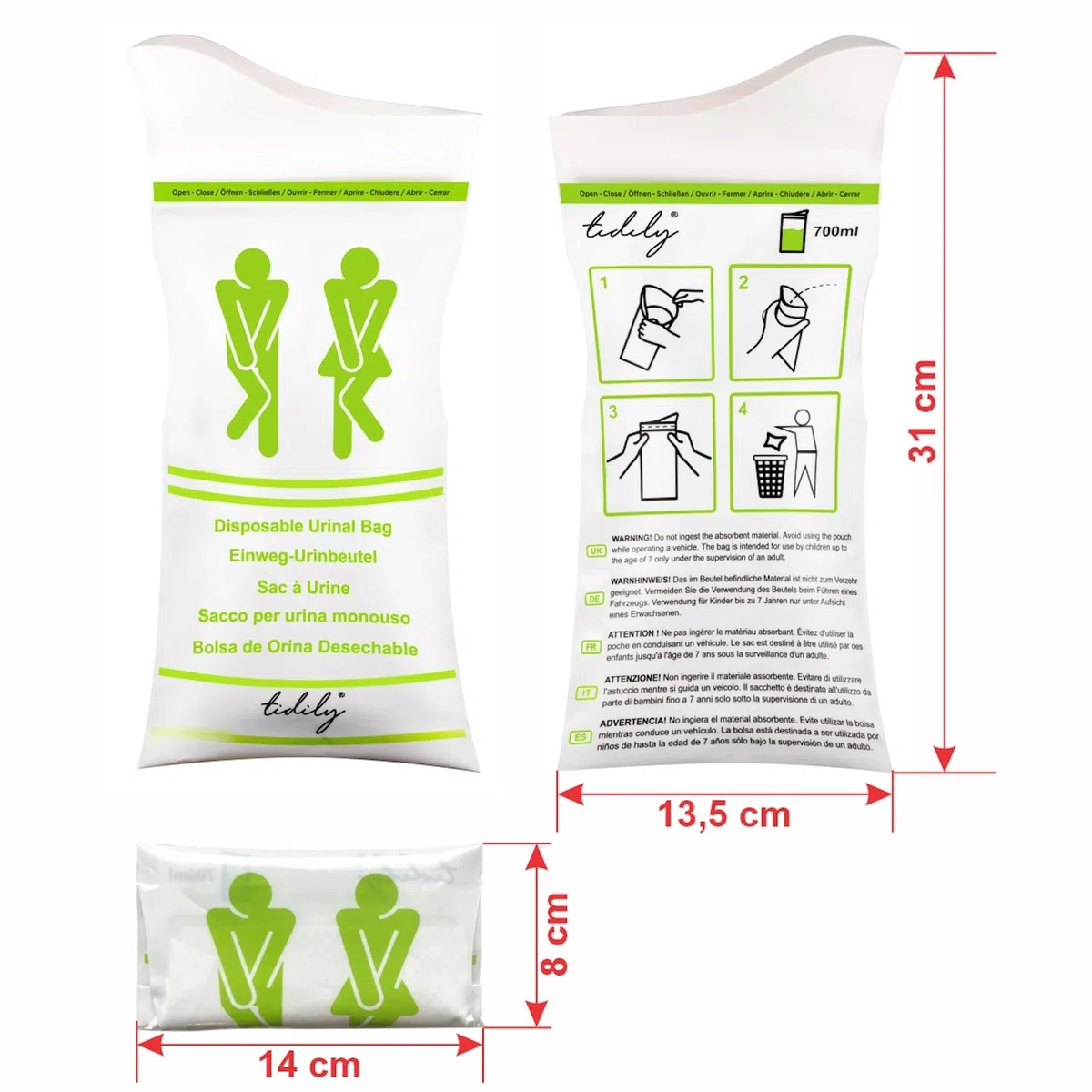 Set di 5 sacchetti per urina, usa e getta, sacchetto per pipì di emergenza, orinatoio portatile, per auto, viaggio, per uomini, donne, bambini, 5 pezzi
