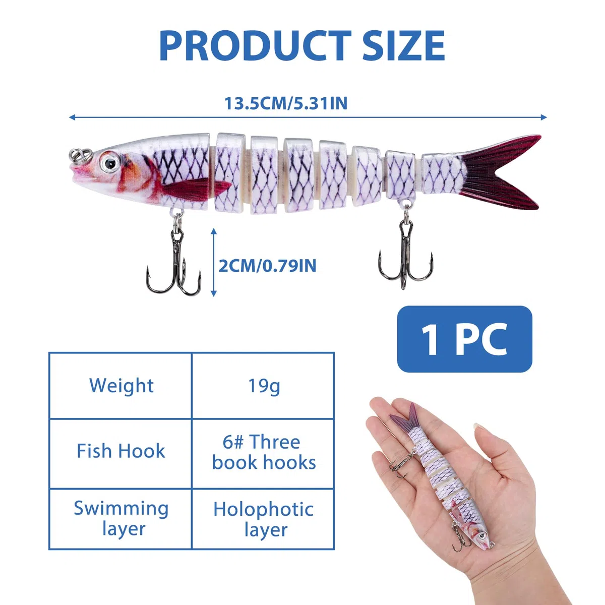 3D Esca da Pesca Bionica, 9 Segmenti Esche Artificiali Spinning, Esca Finta Multi-jointed Swimbaits, Ganci di Ancoraggio, Esche Artificiali Realistiche Lure per Luccio Persico (13.5cm, 17g)