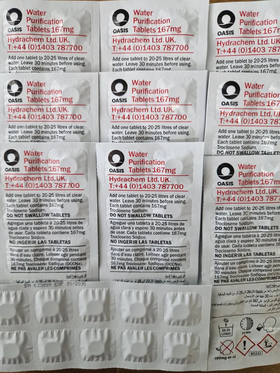 Oasis - Confezione da 100 compresse per la purificazione dell'acqua in casi di emergenza, ogni compressa pesa 167 mg; consentono di trattare 2000 litri di acqua
