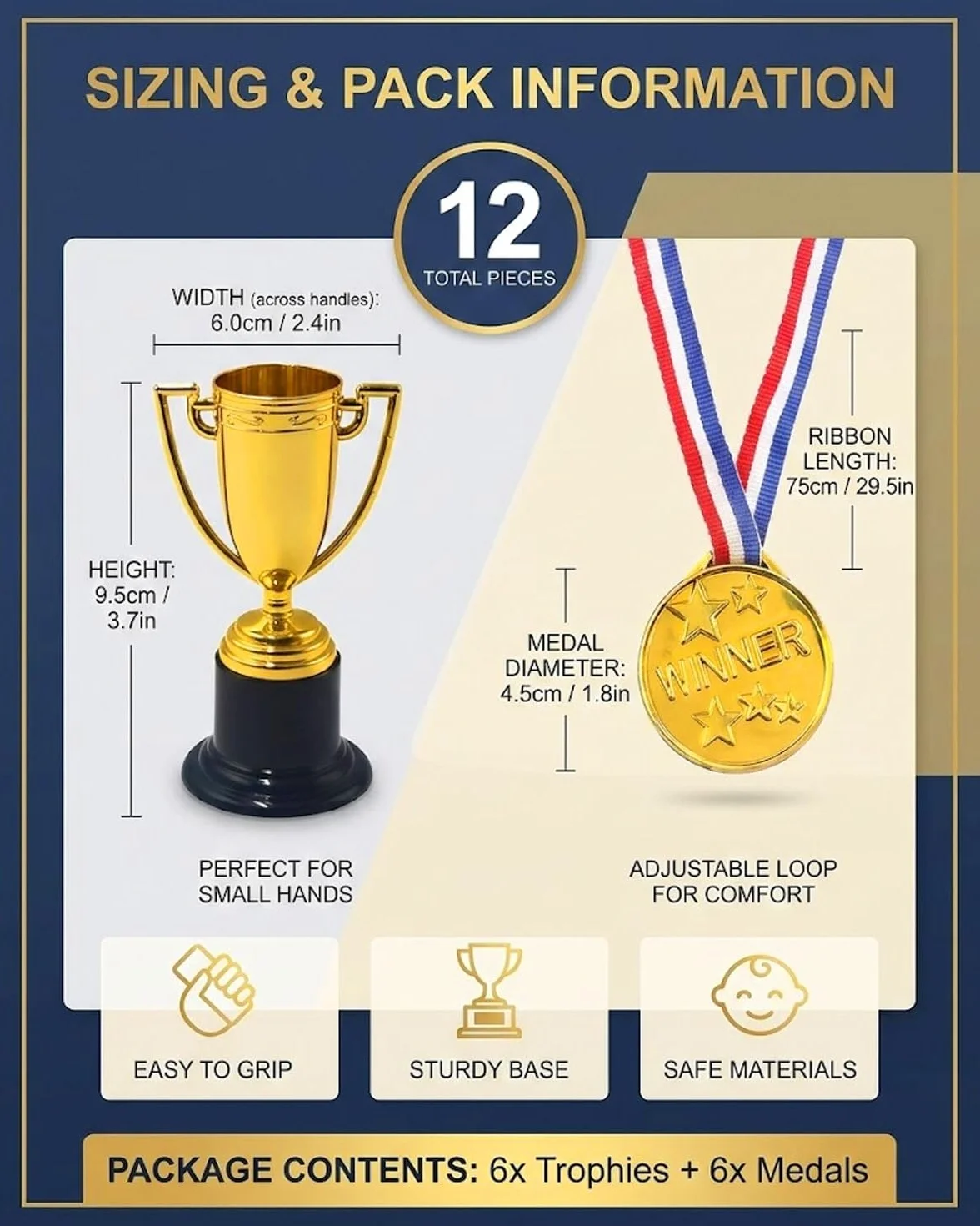 Trofei per Bambini Medaglie Oro GRETY 6 Pezzi Mini Premio Sportivo Scuola Compleanno