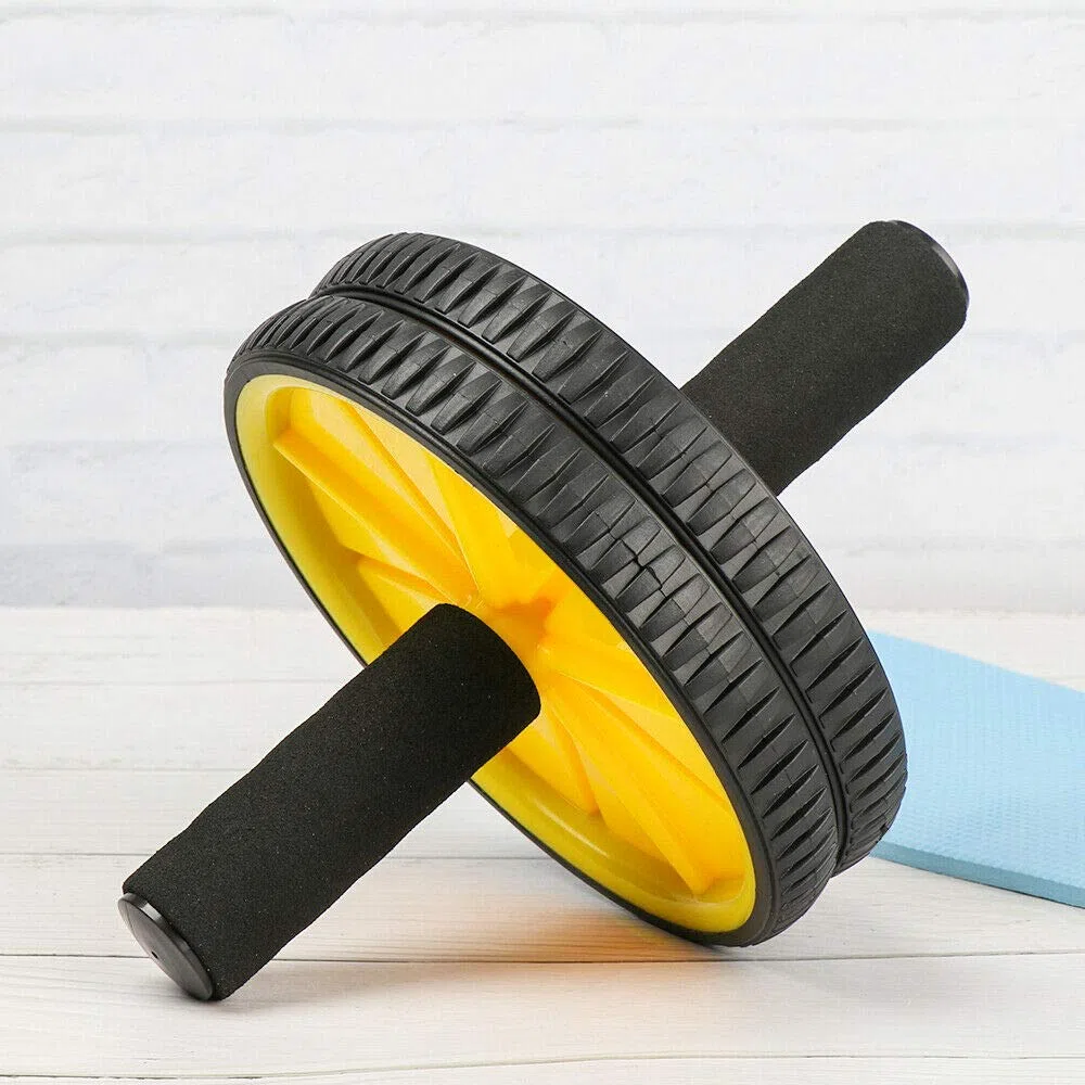 FFitness Two-Wheeled Power Wheel with Mat, Ruote con Manici per Addominali Unisex Adulto, Giallo, taglia unica