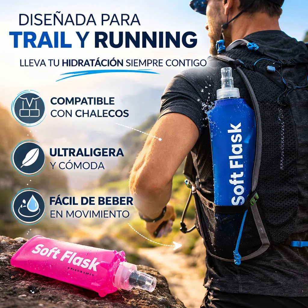 Bottiglia pieghevole – Confezione da 2 pezzi Soft Flask TPU BPA Free – Tanica acqua Trail Running flessibile in silicone – Bottiglia idratante per gilet corsa, escursionismo, ciclismo (blu