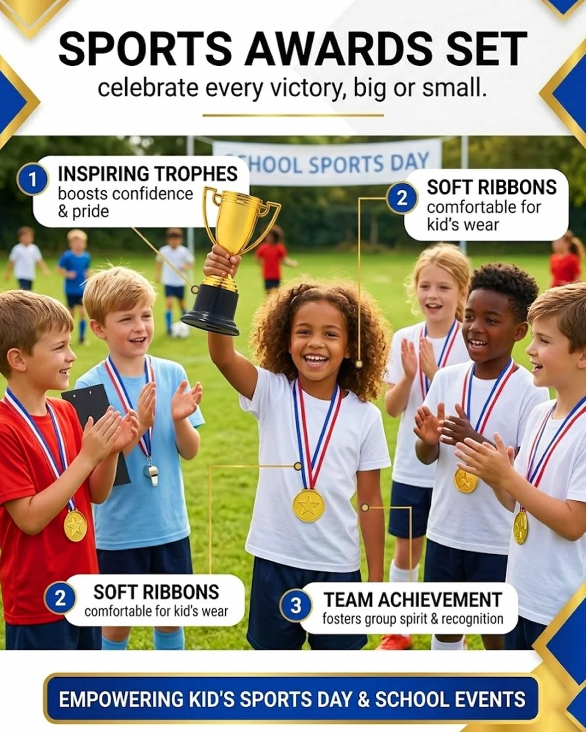 Trofei per Bambini Medaglie Oro GRETY 6 Pezzi Mini Premio Sportivo Scuola Compleanno