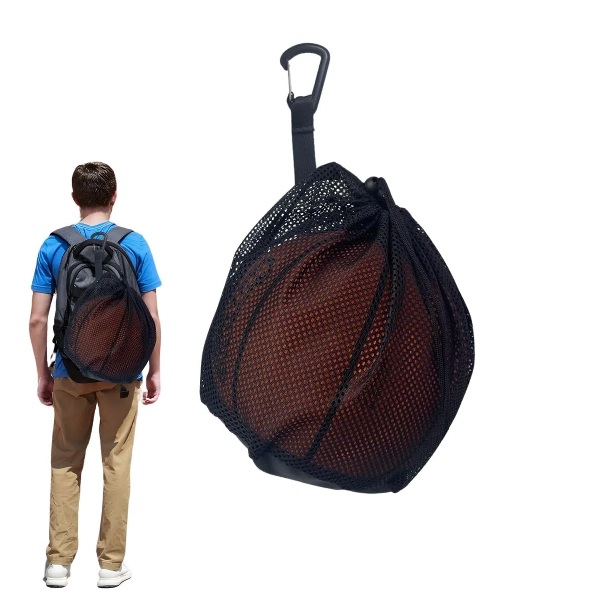 Sacca per pallone, 1 palla, borsa con moschettone e cordino, portatile, pieghevole, per pallacanestro, calcio, pallavolo, bambini e adulti
