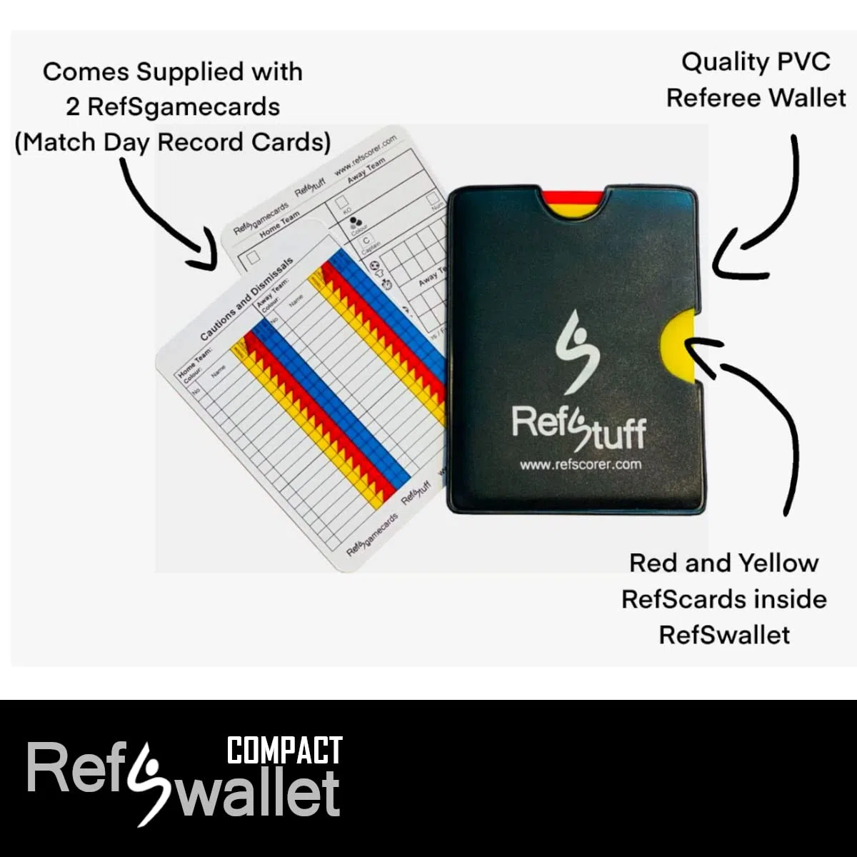RefStuff RefSwallet Compact - Libro dell'arbitro di Calcio, Design in Pelle, con schede dell'arbitro di Calcio Rosse e Gialle e 2 schede del Giorno della Partita