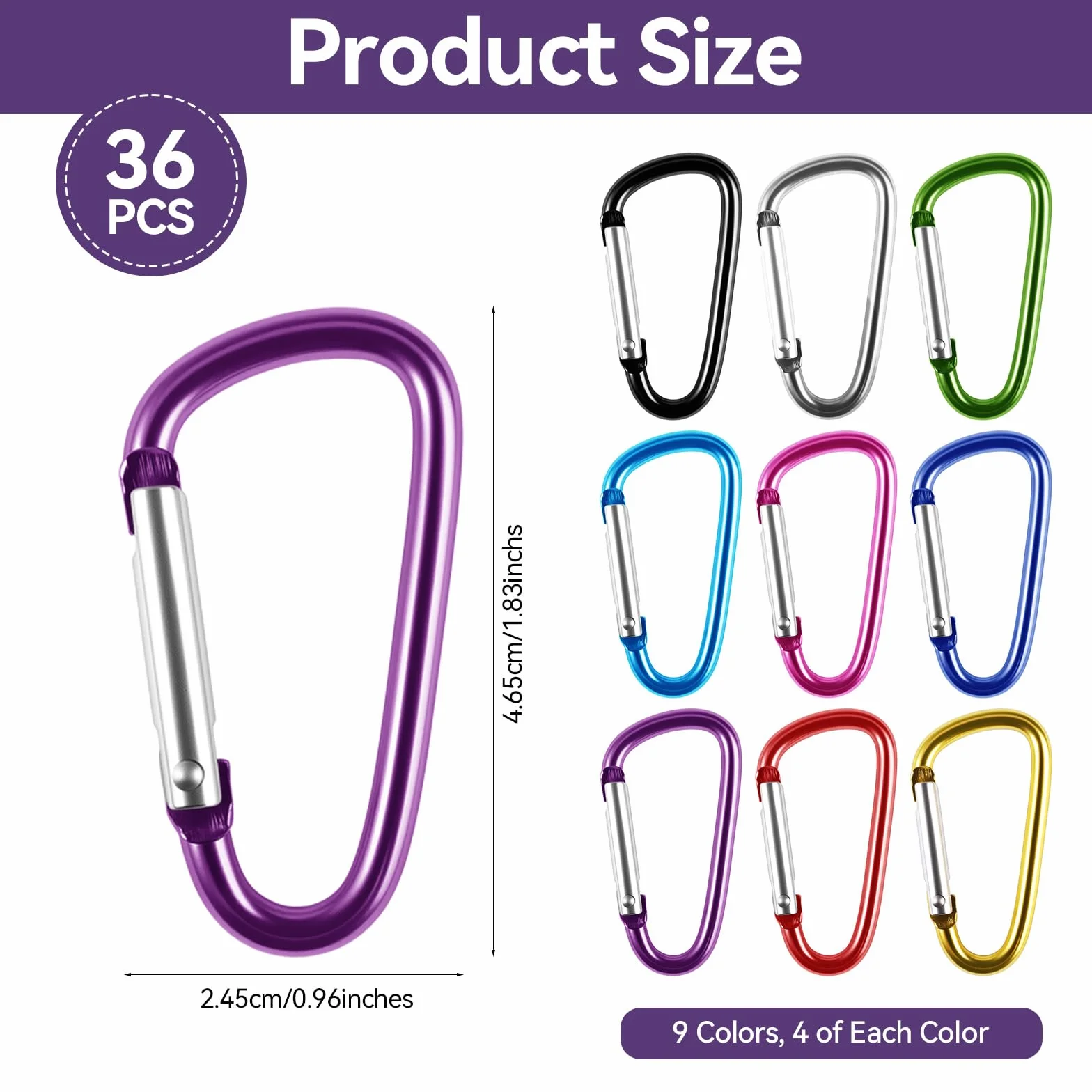 Mini Moschettone Portachiavi in Alluminio Forma a D, 36 Pezzi, 9 Colori, 3,7 x 46,5mm per Esterno Campeggio Pesca