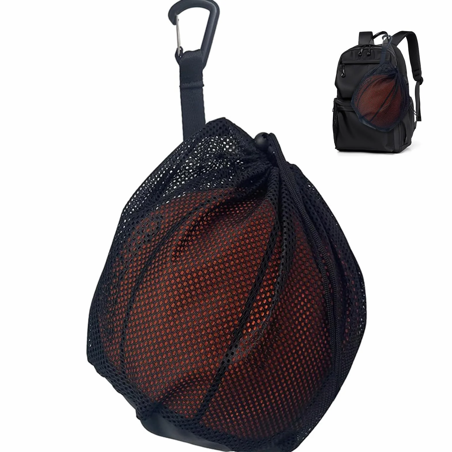 Zaino Rete Porta Palloni, 1 Sacca con Tasca a Zip, Materiale Mesh Traspirante, con Moschettone e Cordino Regolabile per Pallacanestro, Calcio, Pallavolo e Rugby