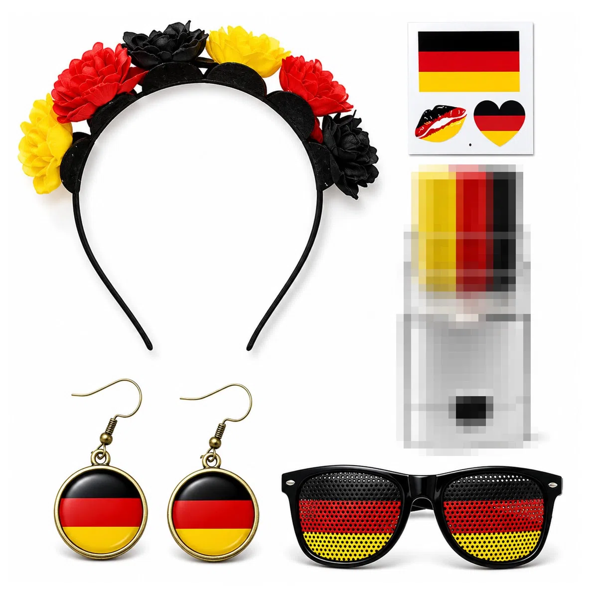 Articoli per fan della Germania, set da 5 pezzi, nero, rosso, giallo, articolo per tifosi della Germania con cerchietto per capelli, orecchini, occhiali da sole, trucco facciale, decorazione per feste