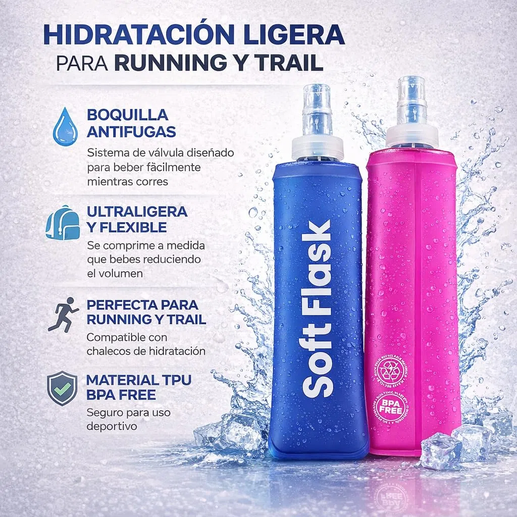 Bottiglia pieghevole – Confezione da 2 pezzi Soft Flask TPU BPA Free – Tanica acqua Trail Running flessibile in silicone – Bottiglia idratante per gilet corsa, escursionismo, ciclismo (blu