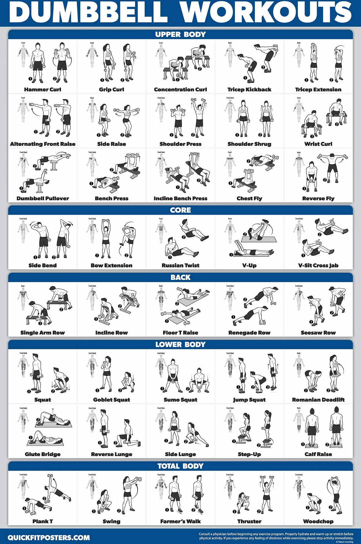 QUICKFIT Set di 3 tabelle per allenamento con manubri + esercizi a corpo libero + poster di routine di stretching – Set di 3 tabelle di allenamento (laminate, 45,7 x 68,6 cm)