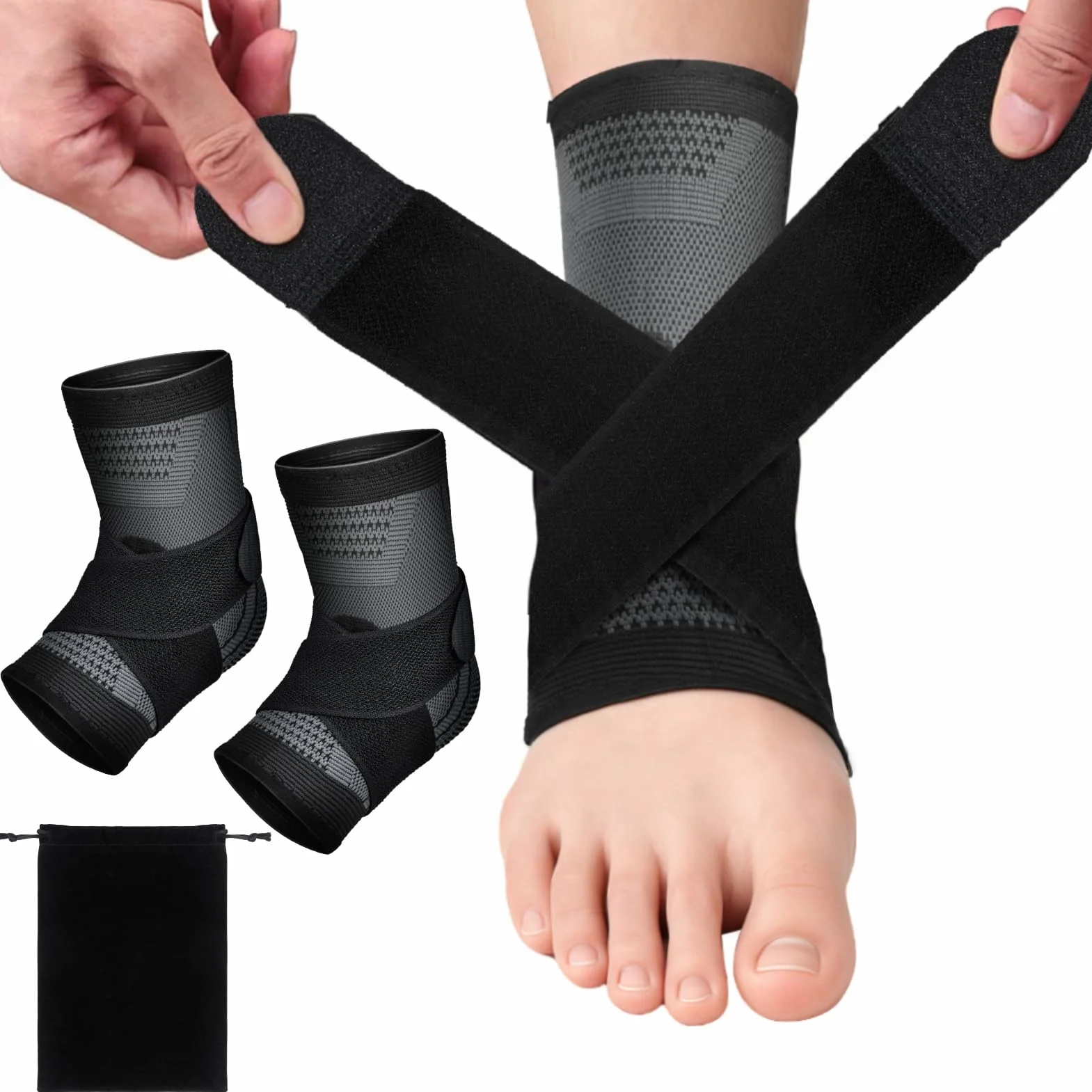 NEUTYPECHIC 2 Pezzi Cavigliera Sportiva con Borsa, Cavigliera Ortopedica per Uomo e Donna, Tutore Caviglia, Fascia Elastica Caviglia per Calcio e Corsa, Nero