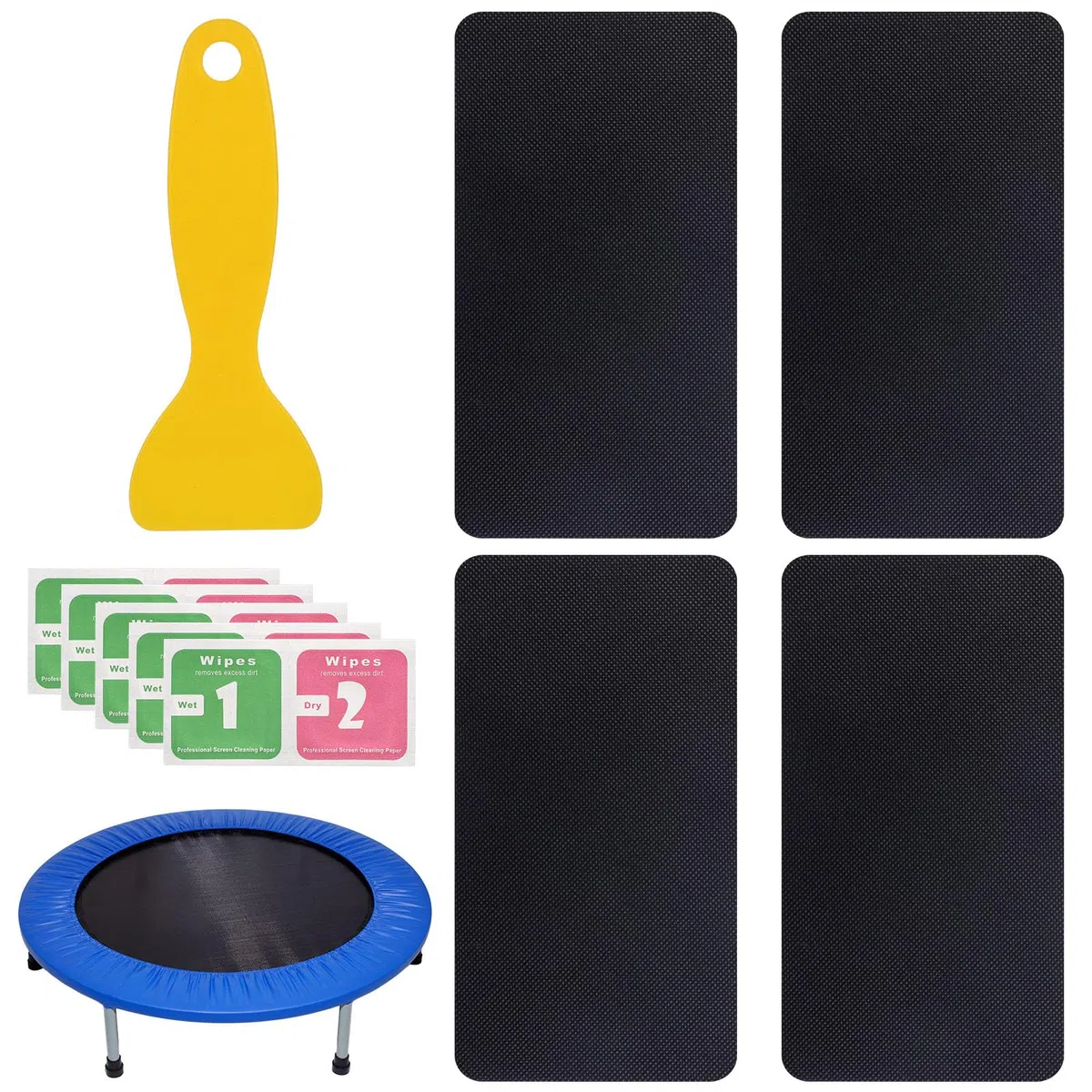 10pz Kit di Toppe Autoadesive Riparazione per Trampolino, 4 Toppe Rettangolari 5 Salviette e 1 Raschietto Accessori per Riparazioni Rapide di Strappi o Fori del Tappeto Elastico (Nero)