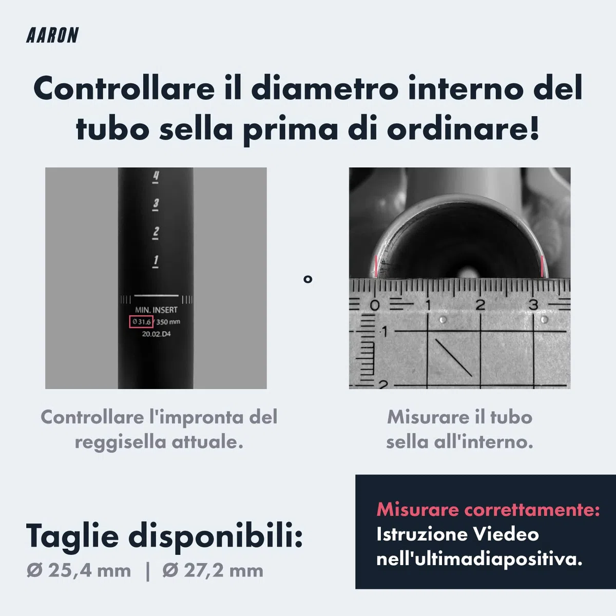 AARON Tubo reggisella con diametro di 27,2 o 25,4 mm, tubo sella in alluminio con lunghezza di 350 mm, reggisella per bici da città, bici da trekking e bici da turismo con scala in nero