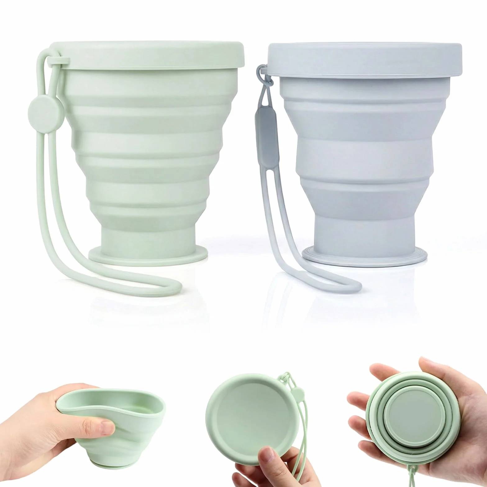 2 Pezzi Bicchiere Pieghevole da Viaggio in Silicone, Tazze da Campeggio Richiudibili con Coperchio, Portatile e Riutilizzabile per Trekking, Sport e Ufficio, Set Blu e Verde
