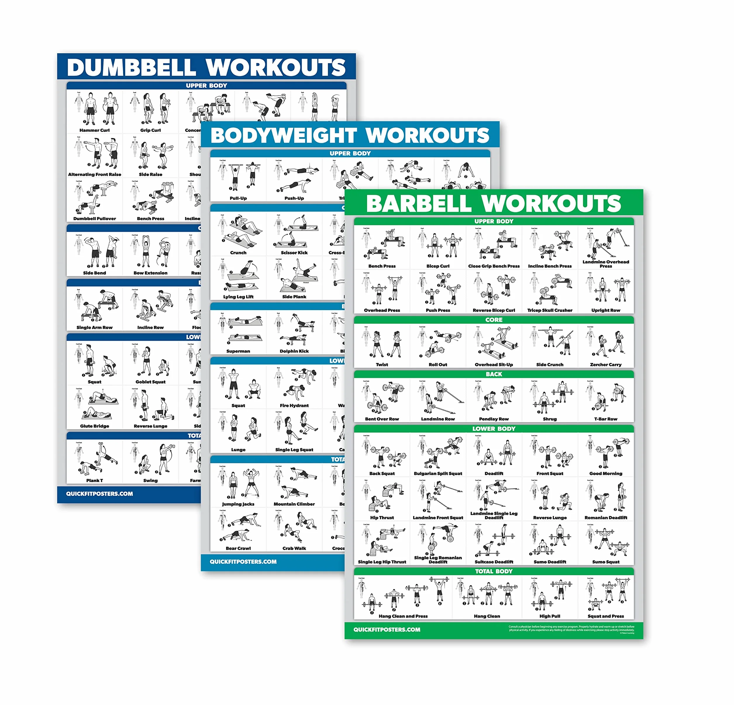QuickFit Confezione da 3 - Allenamenti per bilanciere + esercizi bodyweight + bilanciere - Set di 3 tavole da allenamento laminate 18" x 27"