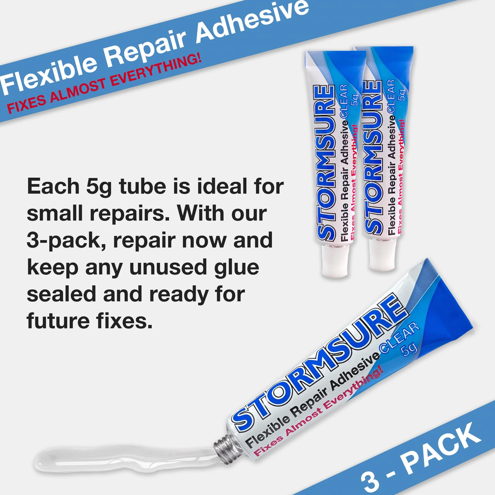 Adesivo di riparazione flessibile Stormsure: 3 x 5 g di colla trasparente - Ideale per gommoni, kayak, canoe e riparazioni in PVC