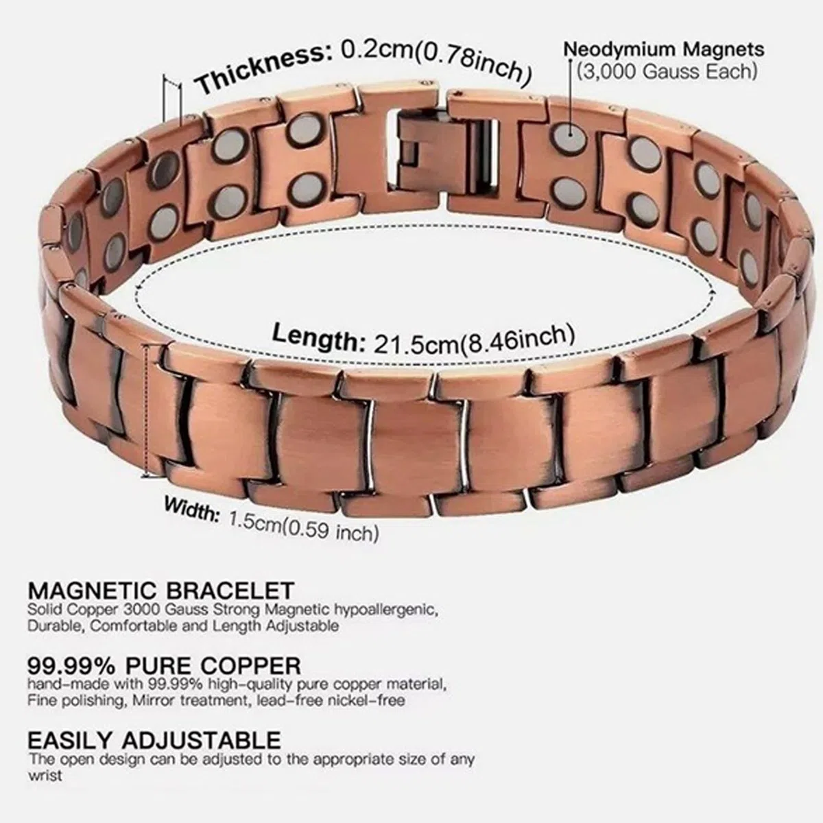 Bracciale In Rame Per Uomo | Bracciale In Rame Con Magnetini Regolabile Uomo - Gioiello Sportivo per Palestra Corsa Tennis Regalo Compleanno