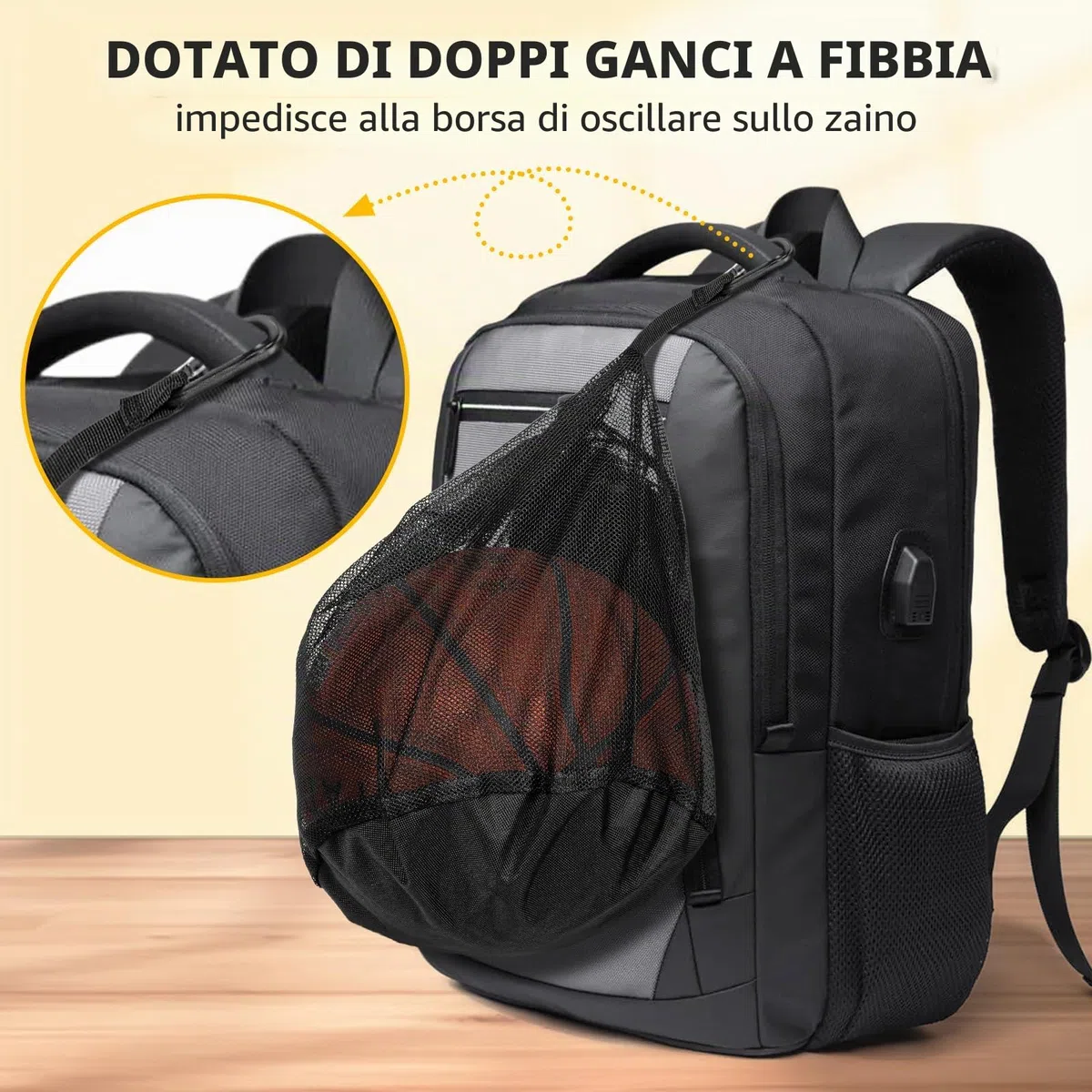 Windfromort Borsa Basket 16L - Rete per 1 Pallone - Borsa da Basket Accessori - Ballnetz Pieghevole con Tasca con Cerniera e Moschettone