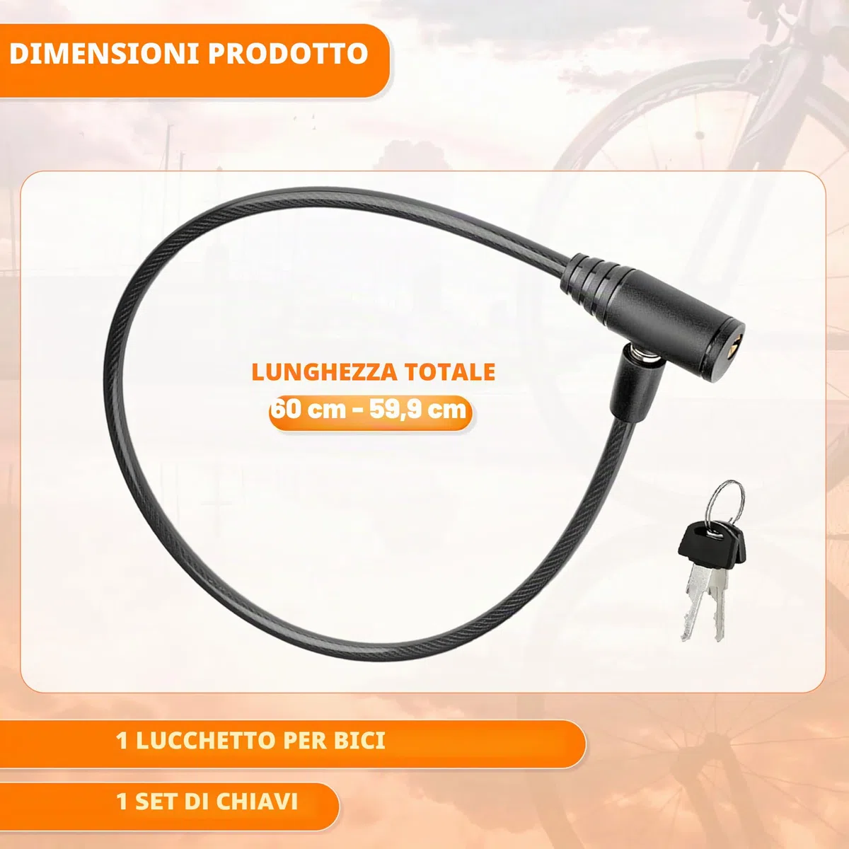 Lucchetto bici cavo in acciaio resistente 60 cm chiusura avanzata con chiave sicuro robusto pratico facile da riporre antifurto bici nero