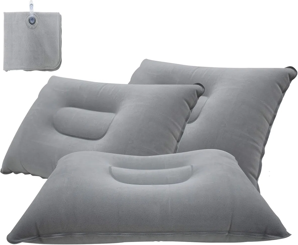 LiXiongBao 3 Pezzi Cuscino Inflatabile Grigio Superchiaro, Piccolo Quadrato con Rivestimento in Tessuto, Ideale per Escursioni, Camping, Viaggio, Pisolino al Banco, Supporto Collo e Lombarico