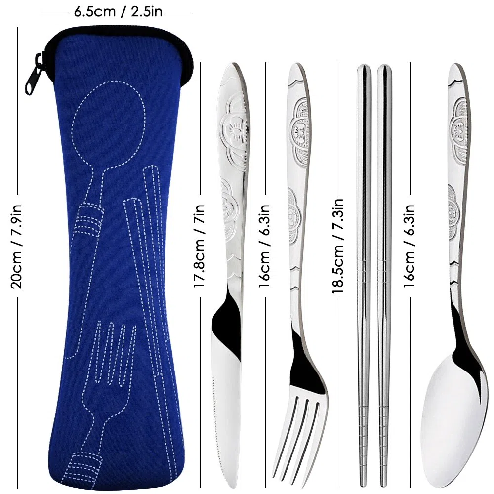 8 Pezzi Set di frutta, coltello, cucchiaio, bacchette, SENHAI 2 Pack Risto in acciaio inox da tavola Dinnerware con custodia per viaggiare Camping Picnic Working Hiking(Blu scuro, nero)