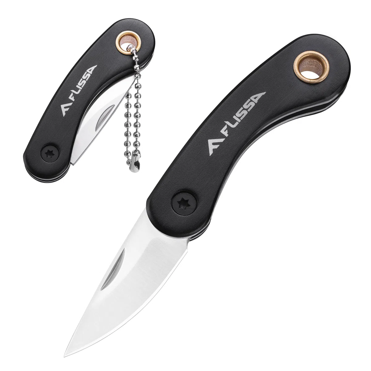 FLISSA Mini Coltellino Tascabile, Coltello a Serramanico con Lama in Acciaio INOX 5CR15MOV, CNC-Scolpita, Senza Blocco, con Portachiavi, EDC Coltello in Alluminio per Uso Quotidiano e Outdoor
