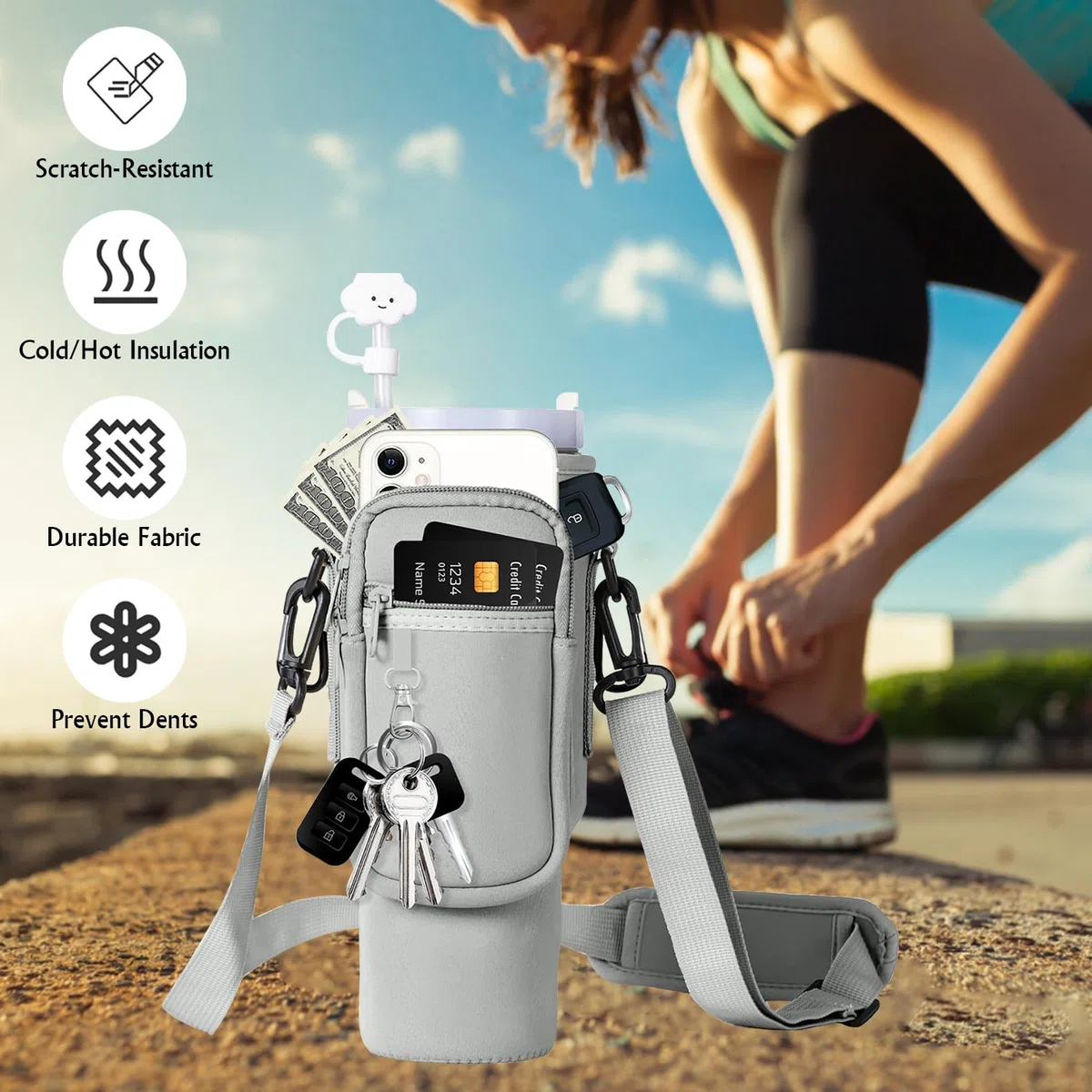 Porta Bottiglia d'Acqua per Stanley Cup 40oz, Stanley Cup Accessori,con Scomparto per Cellulare e Portachiavi Tracolla Regolabile Cup Accessori per Escursioni Viaggi Campeggio