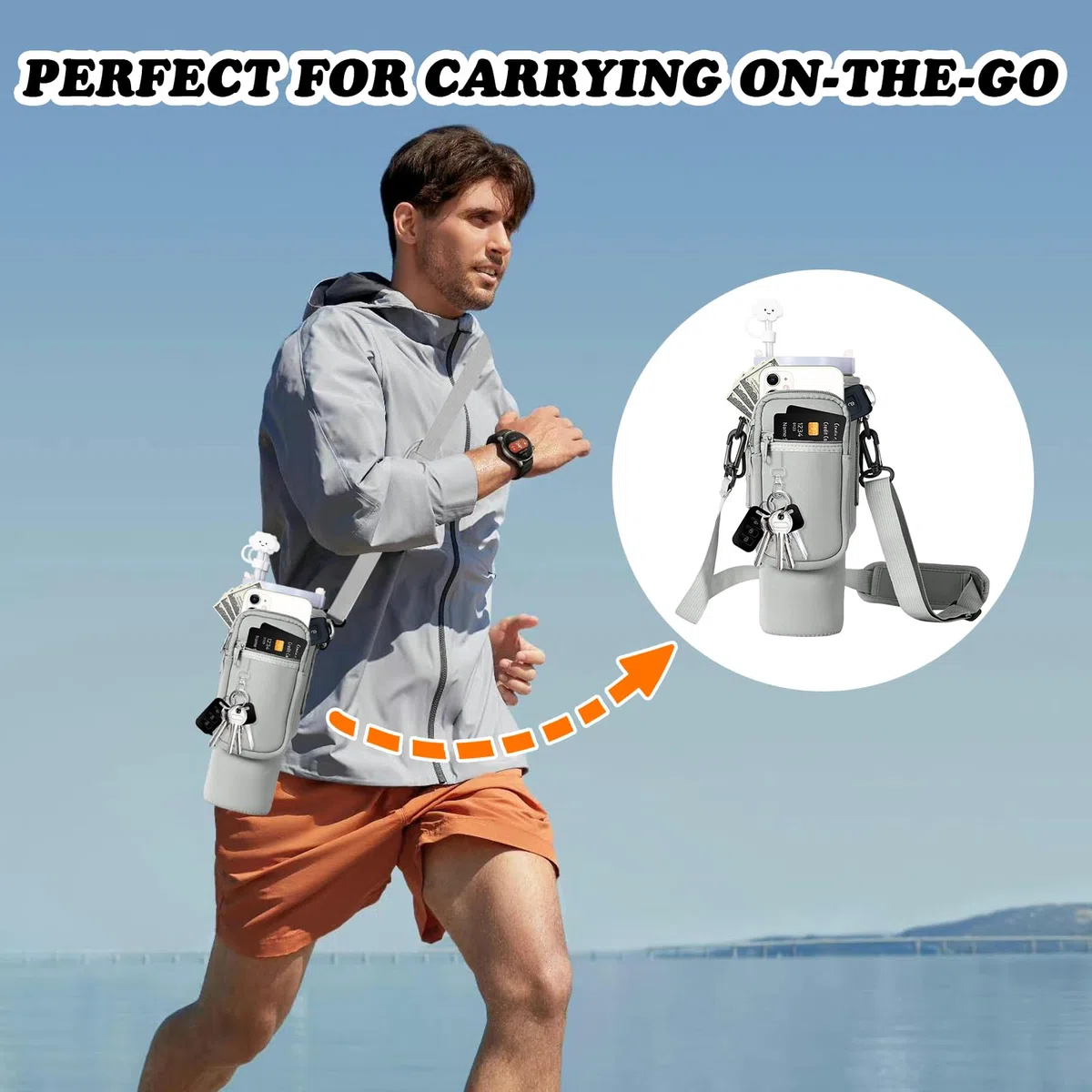 Porta Bottiglia d'Acqua per Stanley Cup 40oz, Stanley Cup Accessori,con Scomparto per Cellulare e Portachiavi Tracolla Regolabile Cup Accessori per Escursioni Viaggi Campeggio