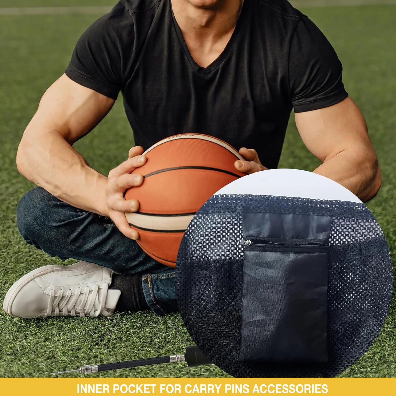 Zaino Rete Porta Palloni, 1 Sacca con Tasca a Zip, Materiale Mesh Traspirante, con Moschettone e Cordino Regolabile per Pallacanestro, Calcio, Pallavolo e Rugby