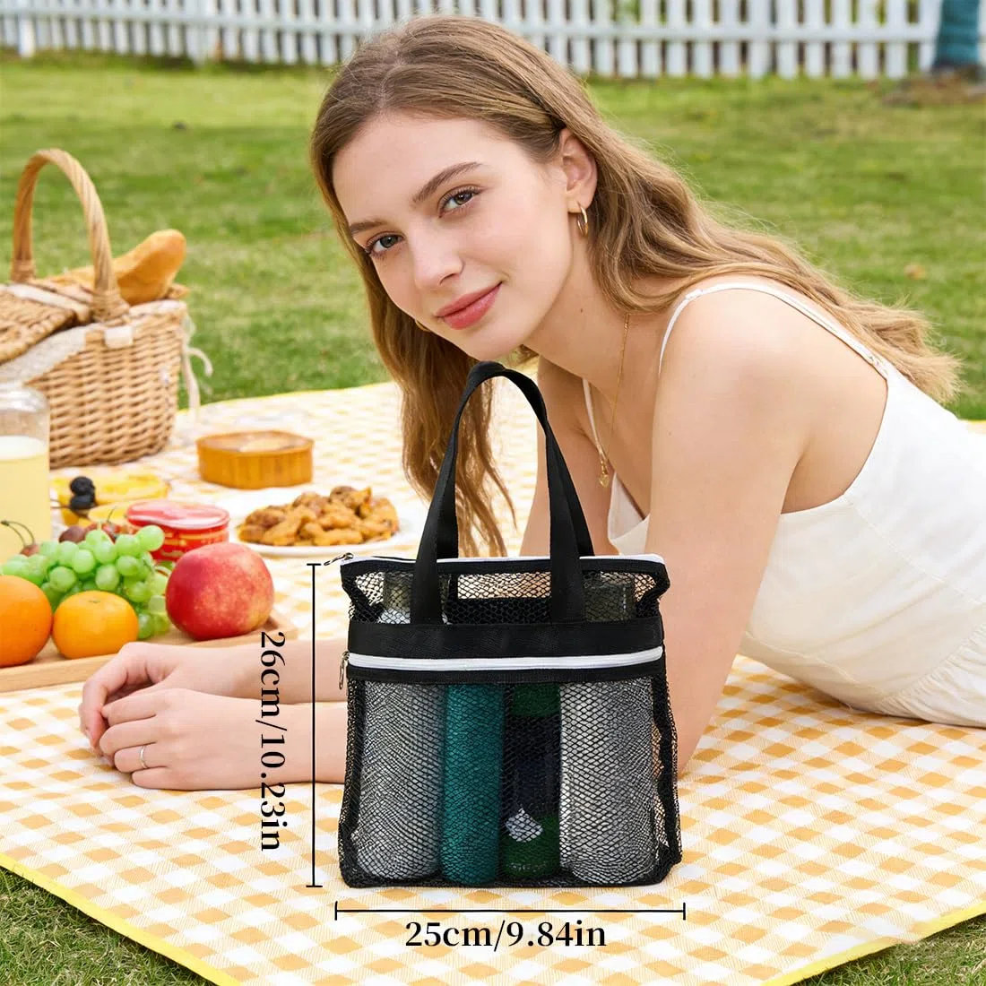 Swimming Equipment Bags, Una borsa da doccia in rete con manico, borsa da doccia portatile, borsa da spiaggia pieghevole, adatta per campeggio, articoli da toeletta e abbigliamento (nera)