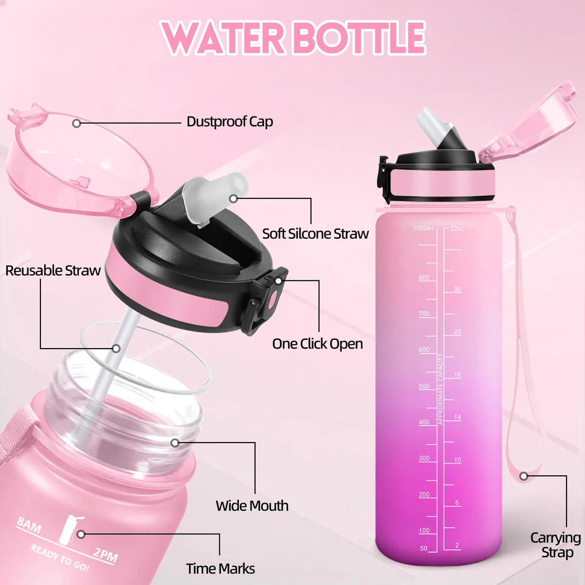 Motswedi Borraccia 1 litro, Bottiglia d'acqua Sportiva, Comprende 6 Paglie e 1 Spazzola di Spugna, Borraccia Palestra, Bottiglia Acqua 1l, per Palestra, Viaggi, Ciclismo, Rosa chiaro & Rosso rosa