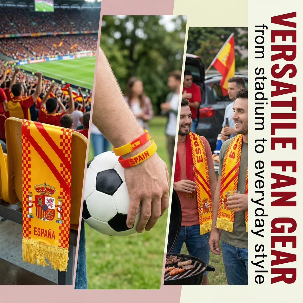 Sciarpa Spagna e 2 Bracciali in Silicone per Tifosi di Calcio, Kit Accessori Stadio Rosso e Giallo, Gadget Sportivi per Partite e Competizioni Nazionali, Idea Regalo per Appassionati