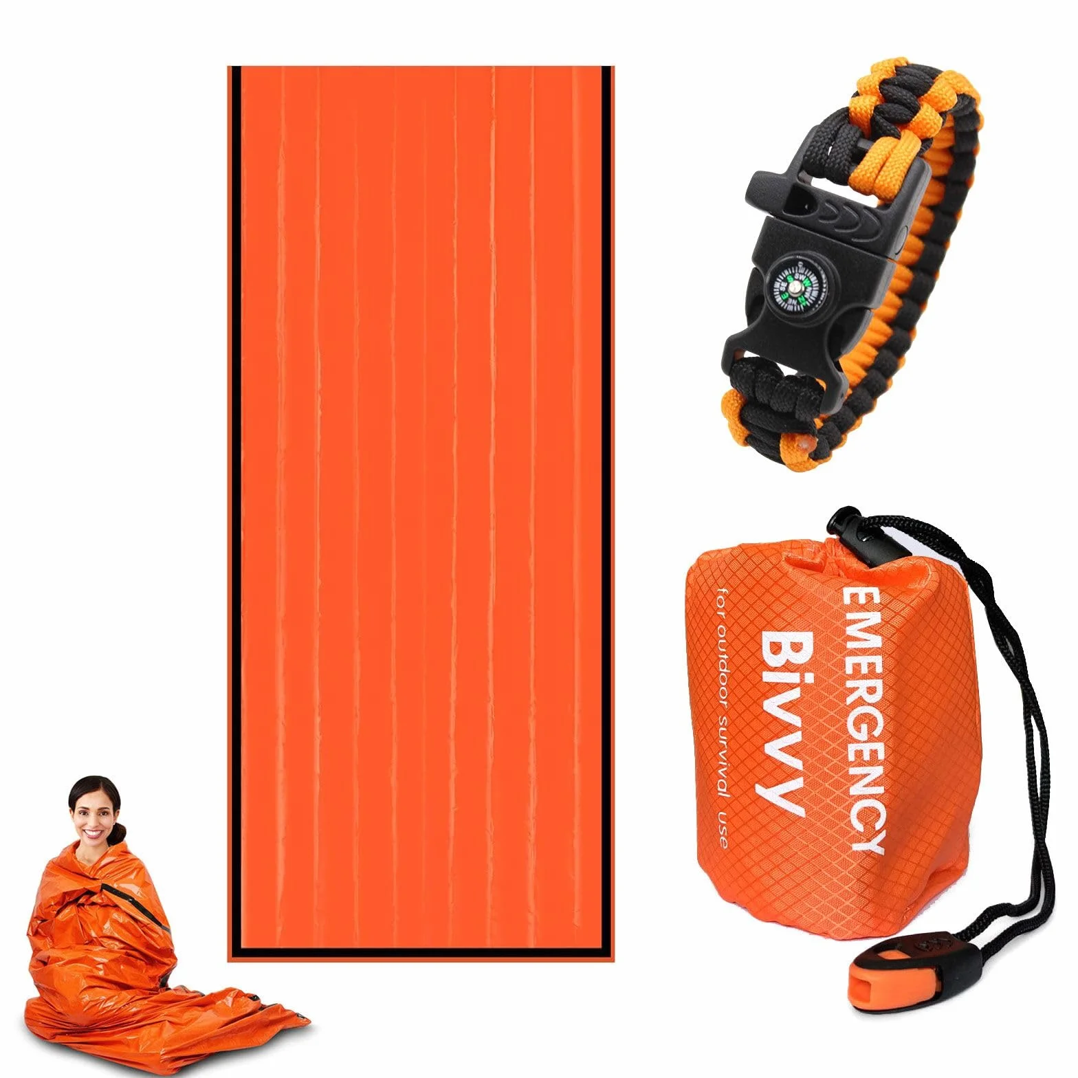 Sacco a Pelo di Sopravvivenza Riutilizzabile con Braccialetto Coperta Isolamento Termico Primo Soccorso Outdoor