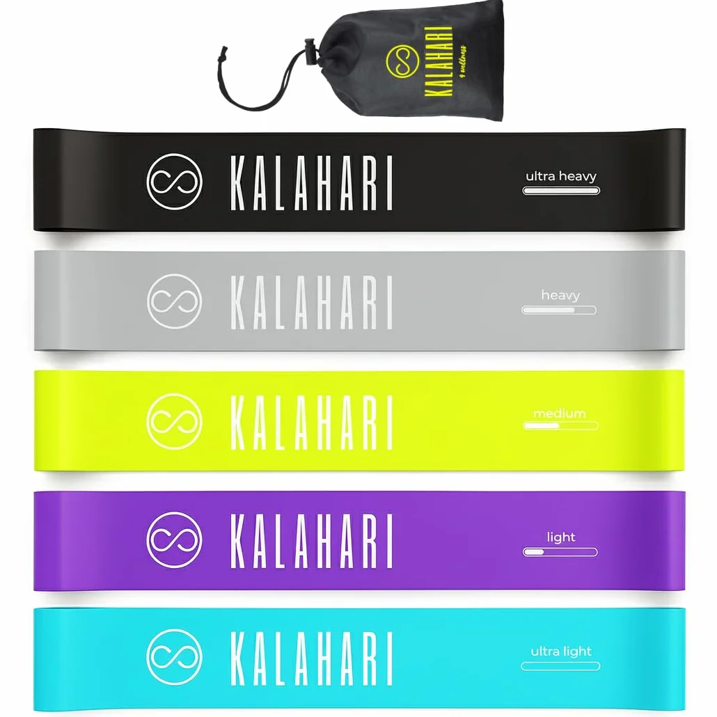 KALAHARI Elastici Fitness SET DI 5 più Ebook esercizi in Italiano e Borsa – Fascia elastica con 5 livelli di Resistenza per allenamento Forza, Stretching, Palestra, Pilates, Yoga - Bande elastiche