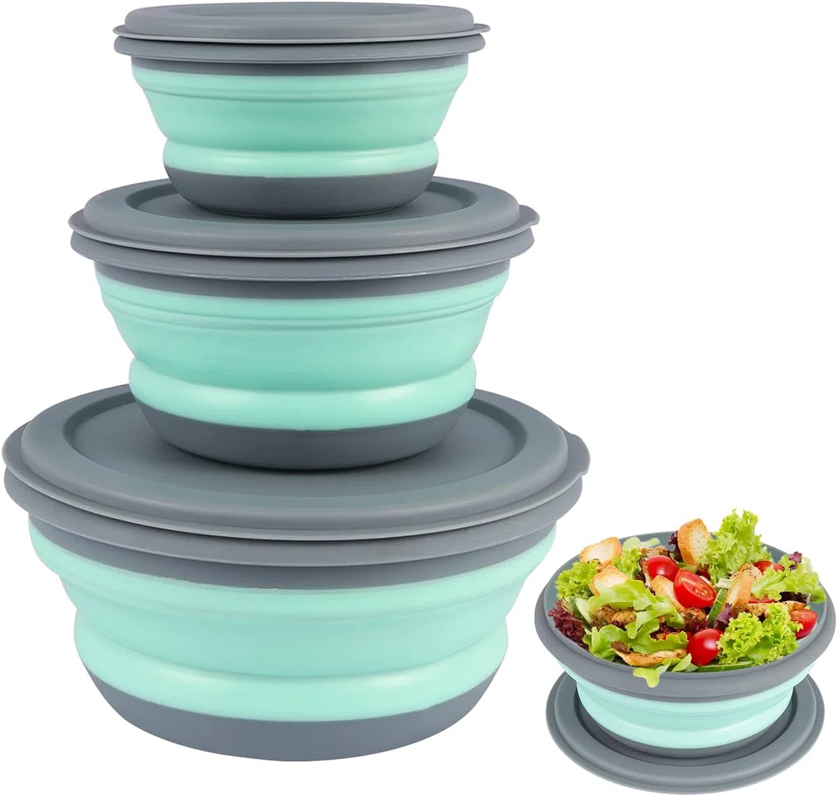 Set 3 Ciotola Pieghevole in Silicone Con Coperchio - Lunch Box Portatile per Picnic, Campeggio, All'aperto (300ml+600ml+900ml) (Verde)