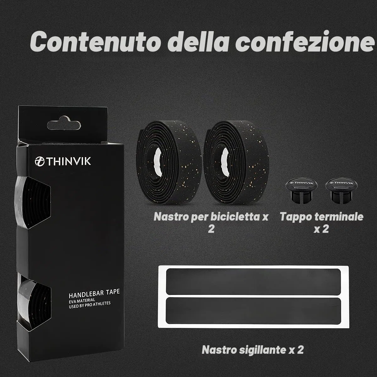 Thinvik Nastro Manubrio Bici in EVA e Sughero (Set di 2) - Avvolgi il Manubrio per una Corsa Confortevole, Antiscivolo e Assorbisudore - Nero