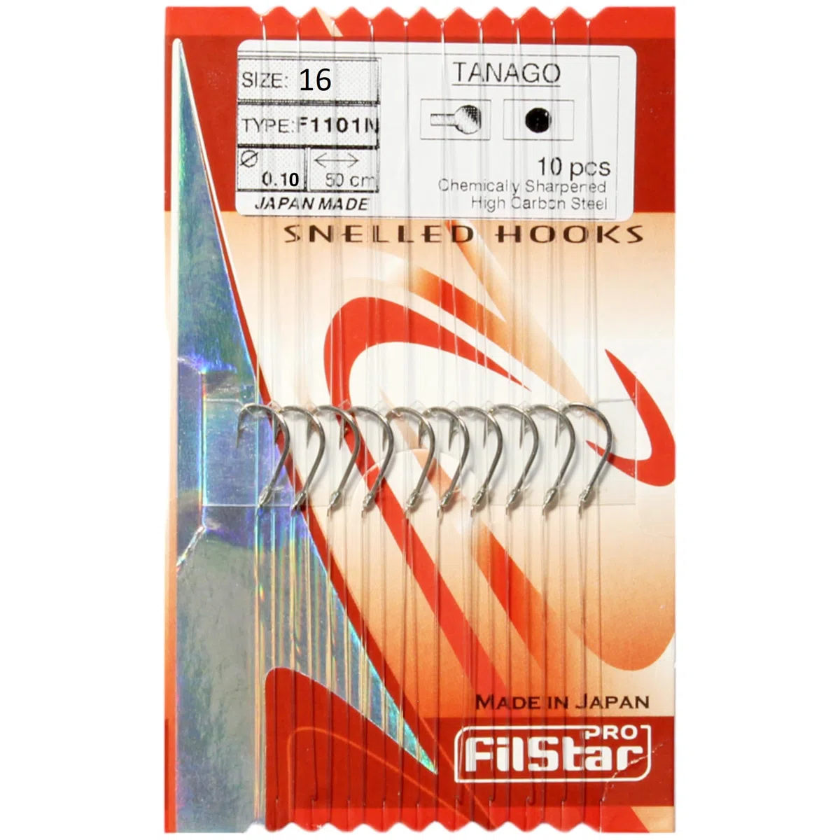 Set di 10 Ami da Pesca Legati TANAGO N16 - Filo da Pesca Monofilo DIA 0,10mm 50cm - Monofilamento - Articoli - Accessori - Attrezzatura Completo - Fishing Hooks Sport Set - Carpfishng Kit