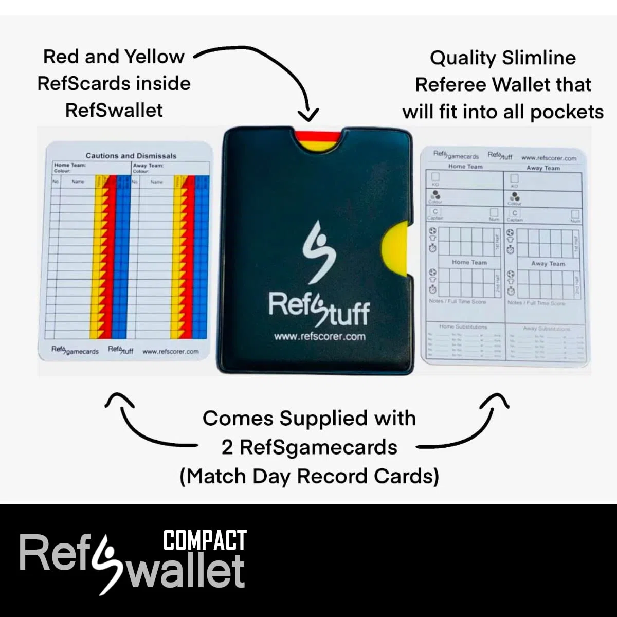 RefStuff RefSwallet Compact - Libro dell'arbitro di Calcio, Design in Pelle, con schede dell'arbitro di Calcio Rosse e Gialle e 2 schede del Giorno della Partita