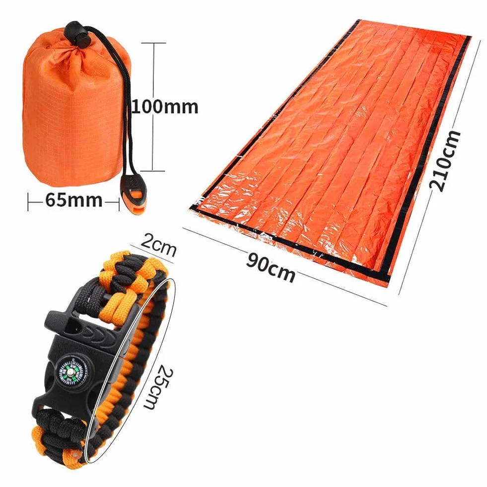 Sacco a Pelo di Sopravvivenza Riutilizzabile con Braccialetto Coperta Isolamento Termico Primo Soccorso Outdoor