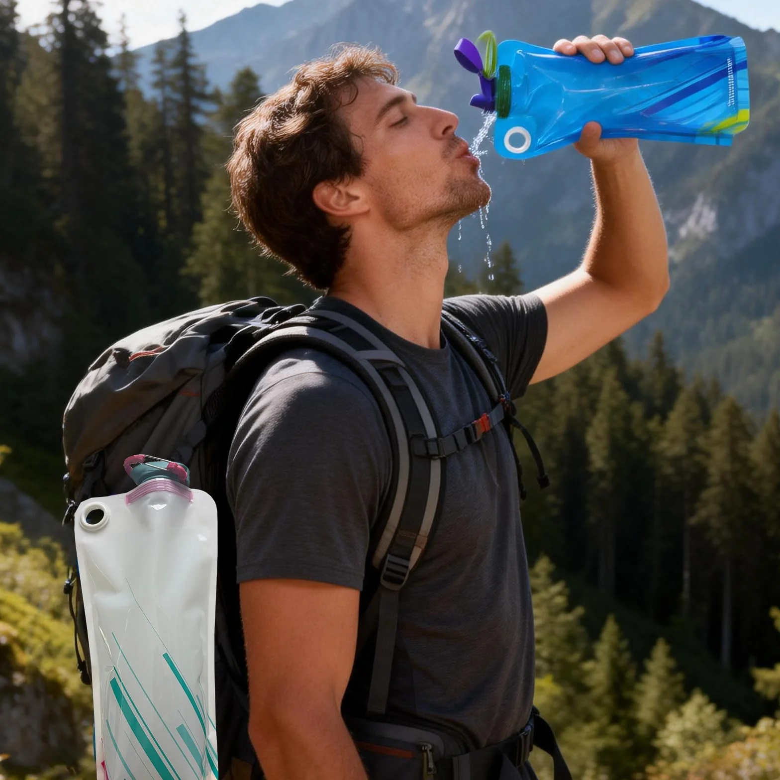 Borraccia Pieghevole 1000ML, 3PCS Bottiglia Riutilizzabile Con Moschettone, Portatile Bottiglia Pieghevole, Borraccia Morbida per Escursionismo, Adventures, Viaggi, Festival, Sport All'Aperto